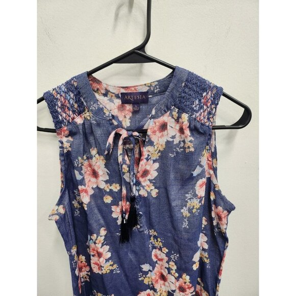 Artesia Womens BOHO Blouse Top Size Small Blue Floral Tassell Tie Sleeveless - Picture 2 of 9